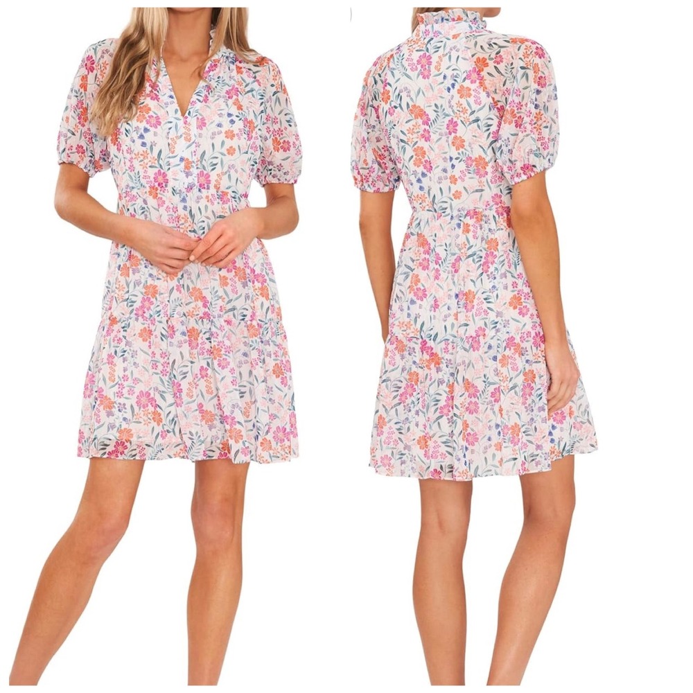 CeCe Floral Tiered Mini Dress Womens Large White Pink Orange Boho Puff Sleeve